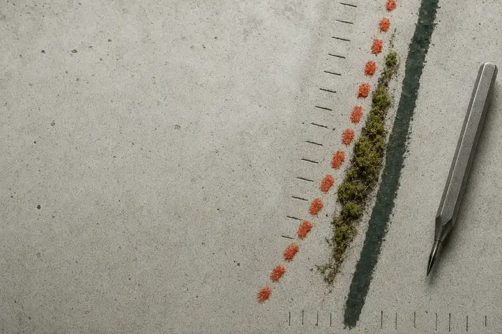 Concrete calibration slab with dotted orange input marks, a moss seam, and a continuous green stroke